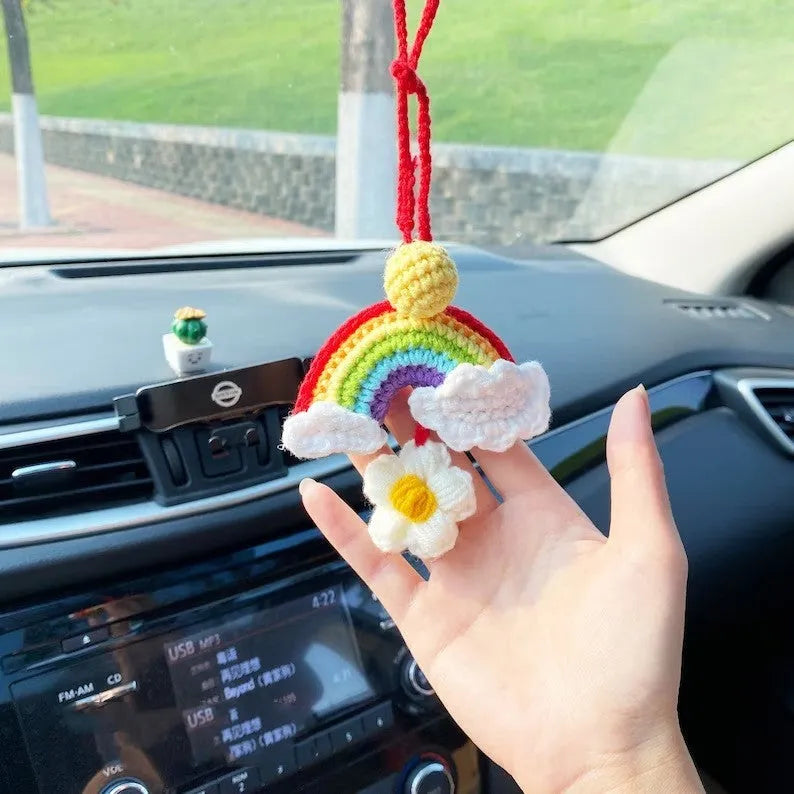 Handmade crocheted wool car pendant with rainbow flower pattern and cartoon avocado design in three colour options