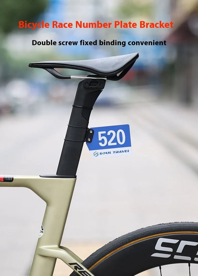 Bicycle competition number plate bracket with leather rings and tool for round tube or cracked duct mounting