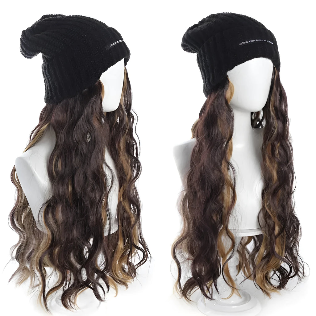 Hat wig with knitted hat and long curly high temperature fibre synthetic hair for ladies