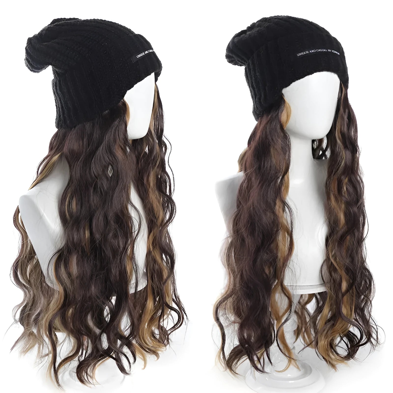 Hat wig with knitted hat and long curly high temperature fibre synthetic hair for ladies