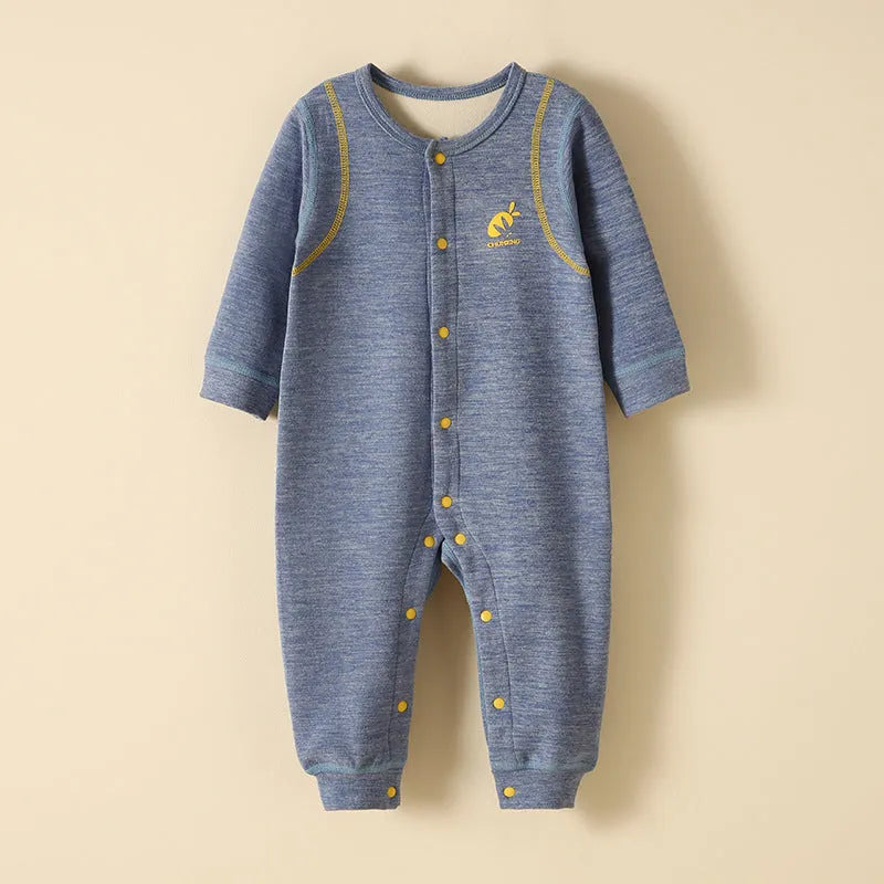 Velvet warm baby jumpsuit in orange, yellow, or blue polyester with single-breasted closure and long sleeves.