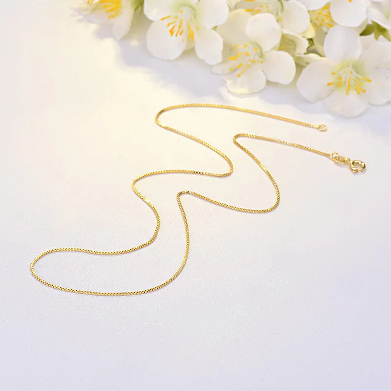 Copper box chain necklace with gold electroplating, 1mm width, 45cm length, geometric quadrilateral pendant