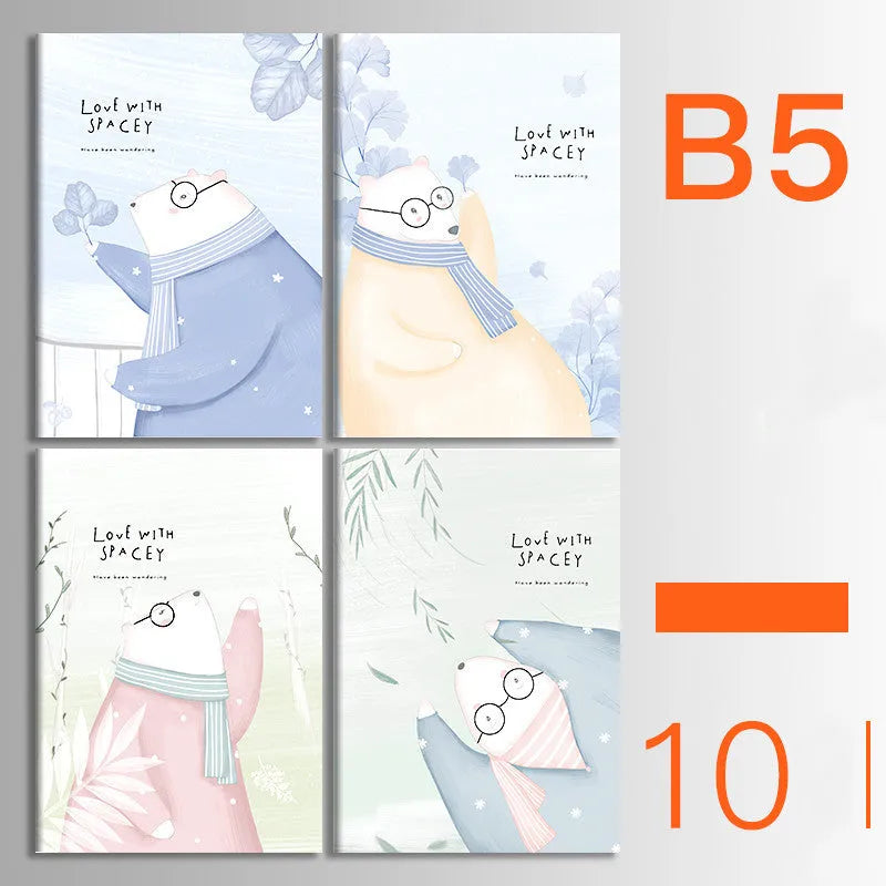 Pack of 10 A5 and B5 soft cover kraft paper notebooks with various designs, showing thread binding.