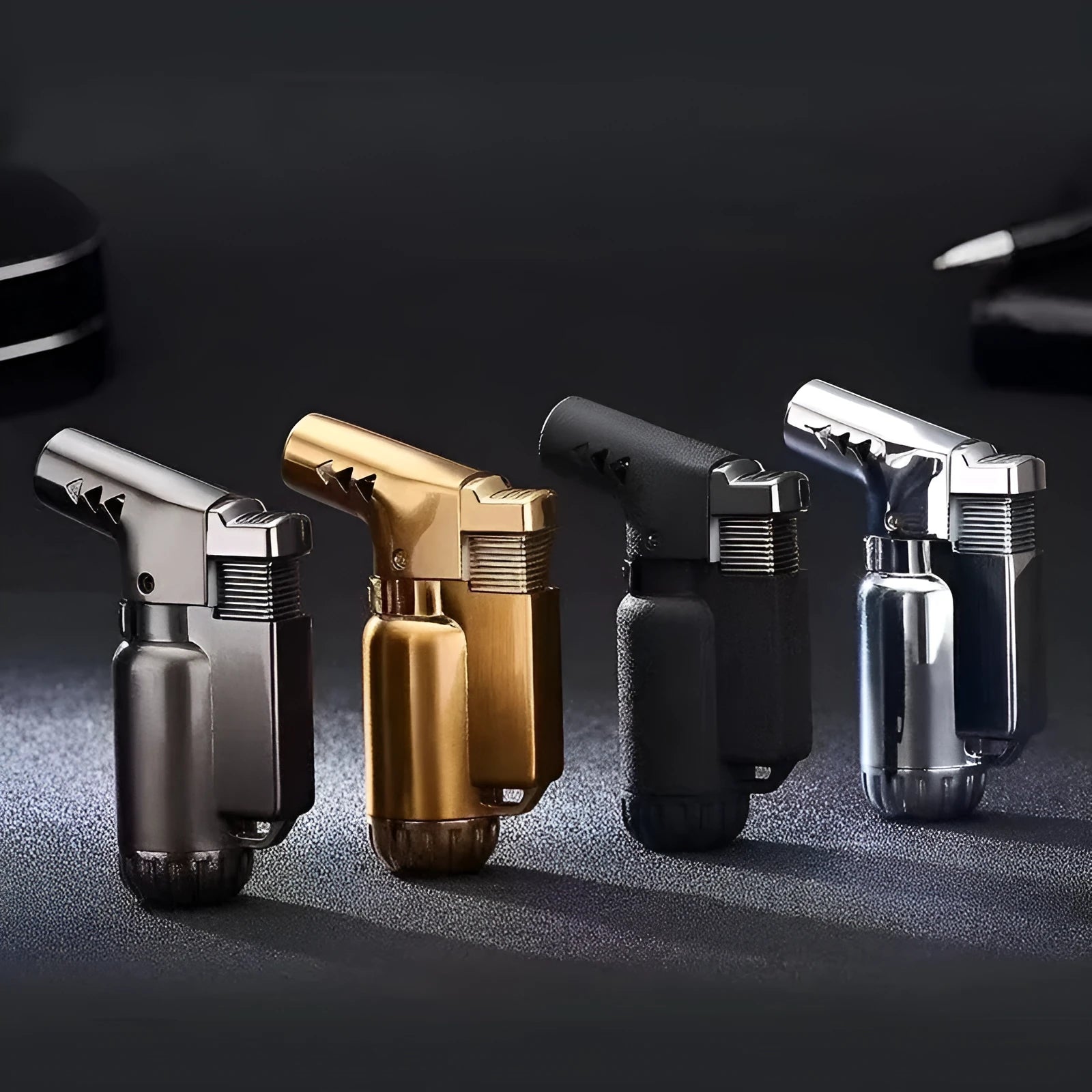 HB805-1 full metal windproof lighter in black, gold, grey, or silver finishes showing compact 72mm design