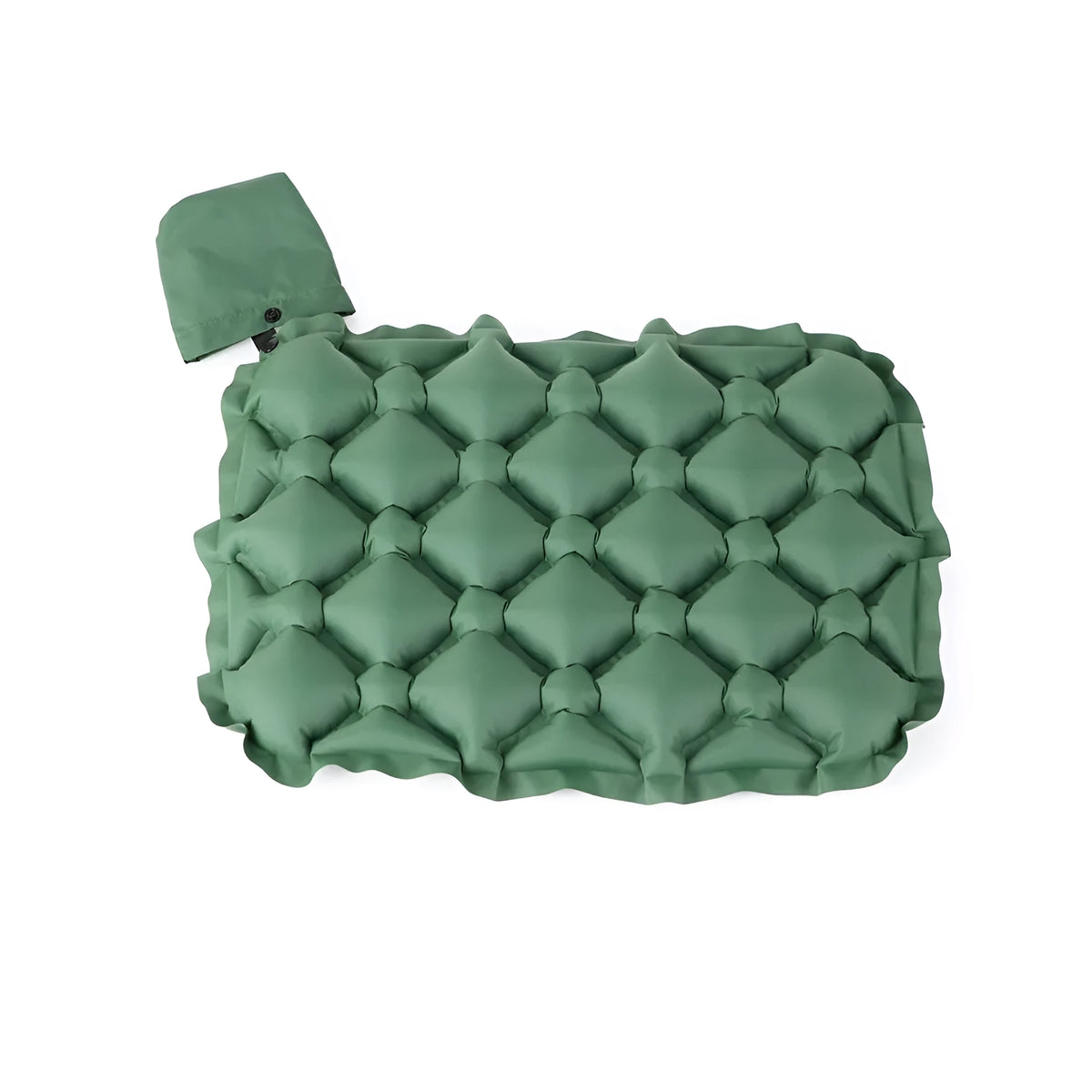 Inflatable camping cushion in 40D nylon TPU, 5x34x44cm, waterproof gasket, shown in six colours.