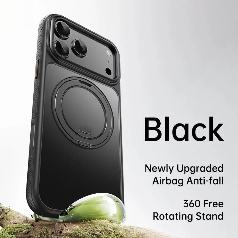 Gear decompression damping sound PU phone case for iPhone 17 series, frosted black bracket-style fall protection case