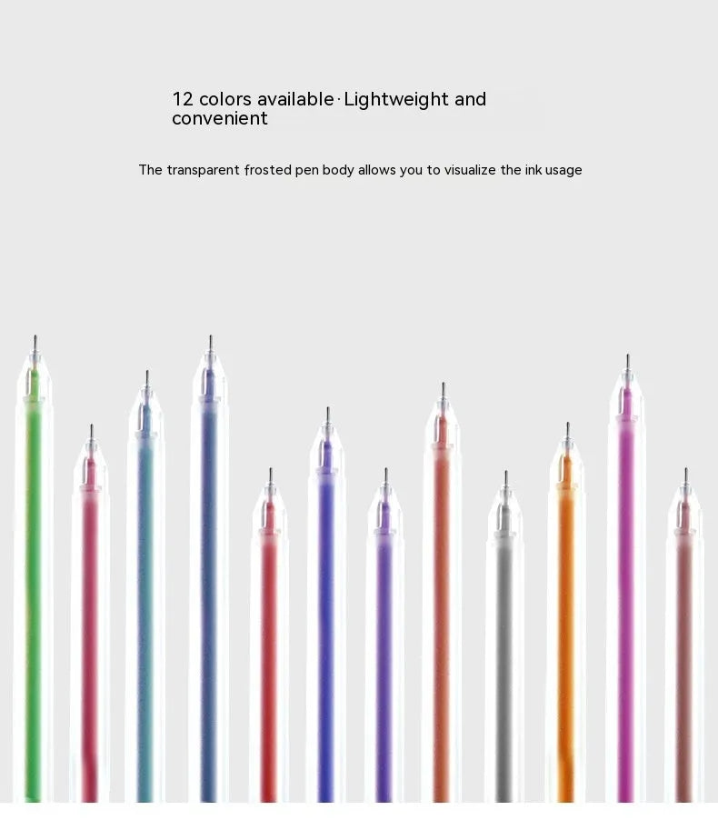 Box containing twelve coloured gel pens with 0.5mm fine tips for journal writing and organisation