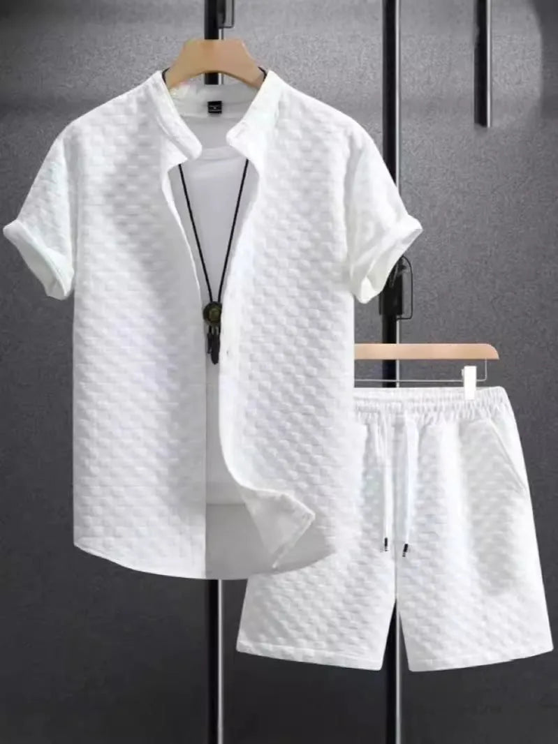 Men's black and white jacquard short sleeve suit set with matching shorts on hanger