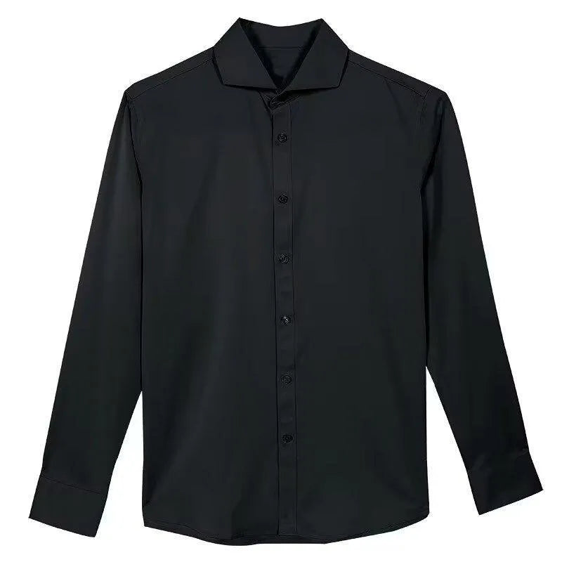 Men's black loose fit long sleeve cardigan shirt in Korean Japanese retro style on a hanger.