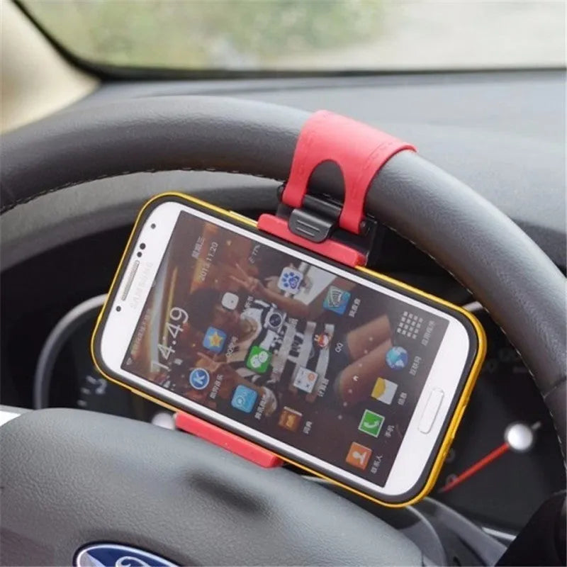 Black universal steering wheel phone clip mount holder showing phone compatibility.