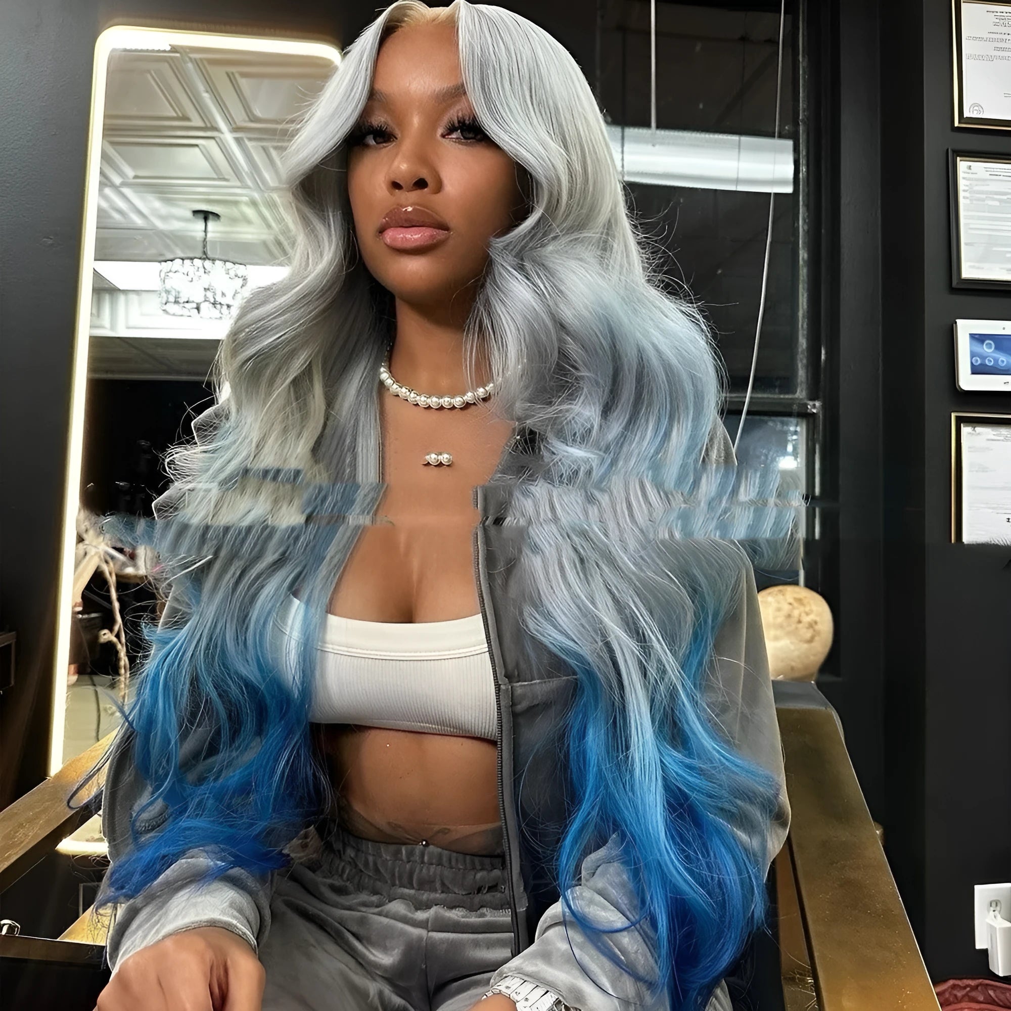 Gradient grey blue headgear wig with human hair in Ruili style