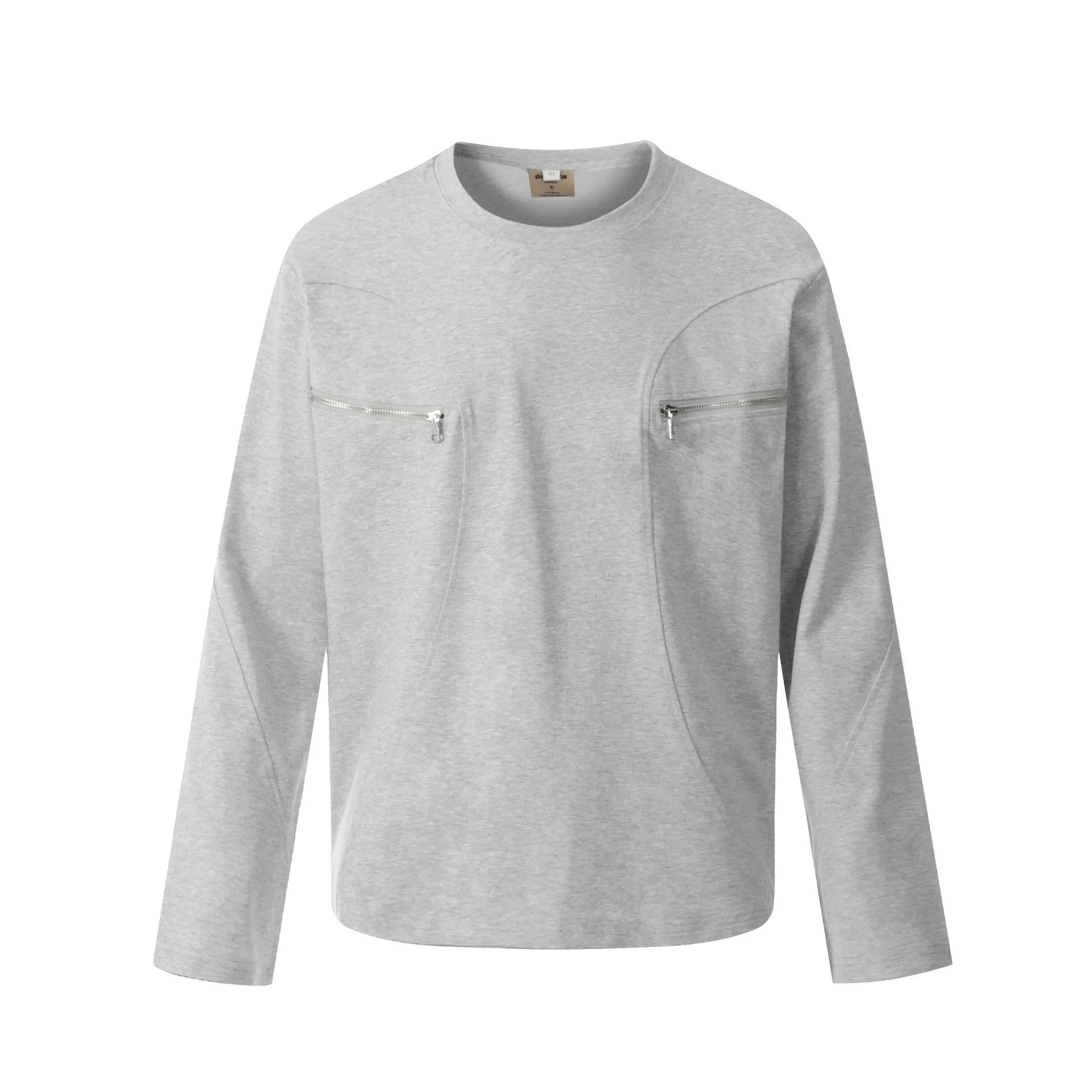 Men's grey loose fit cotton long sleeve pullover top on a hanger