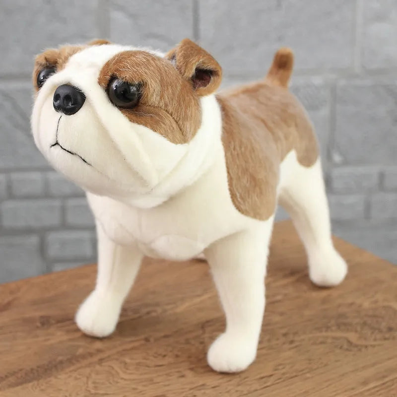 Dressing artificial dog plush toy in mink fur, bulldog style, large size 55-60cm, displayed on a surface