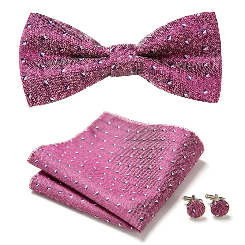 Floral Bow Tie Set of Three Pieces Polyester Yarn Hand-Sewn 12cm by 6cm Bow Tie with Matching Pocket Square 25x25cm and Cufflinks 1.5cm for Men's Formal Wedding and Party Accessories Multistyle Options