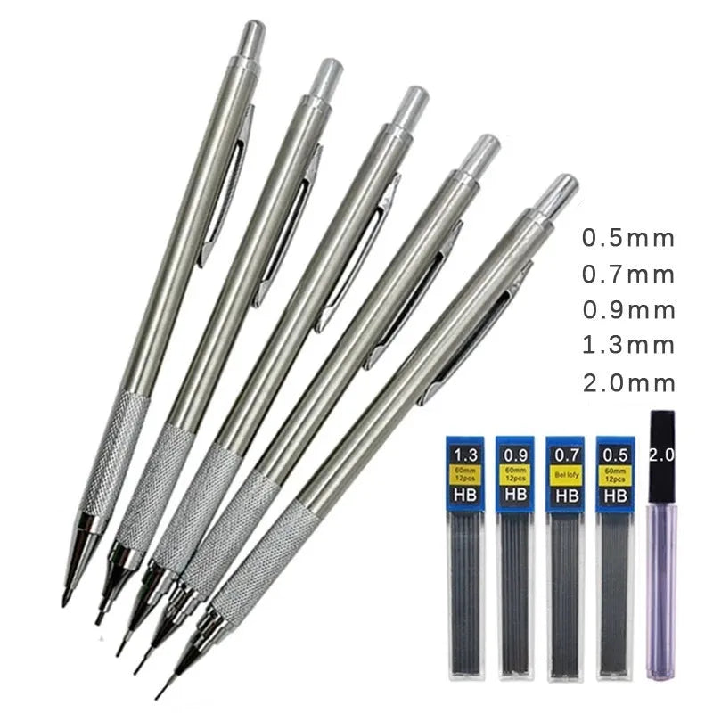 Silver metal mechanical pencil with clip, shown with compatible lead refills in sizes 0.5mm and 2.0mm.