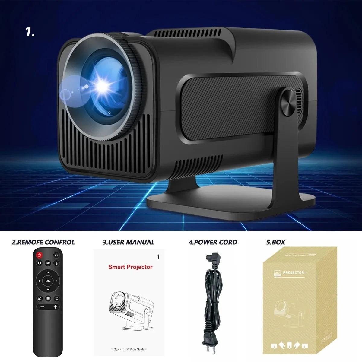 Small 4K WiFi Smart Projector 1080p 390 ANSI Lumens Android OS with UK power cord