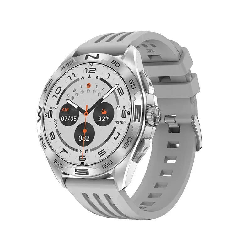 Men's smart watch showing display with WhatsApp notification, heart rate graph, and blood pressure reading.