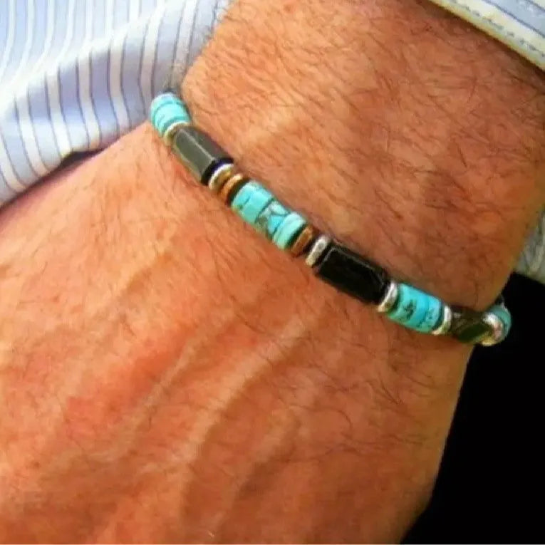 Hand-woven unisex wood bracelet with turquoise accents and totem pattern
