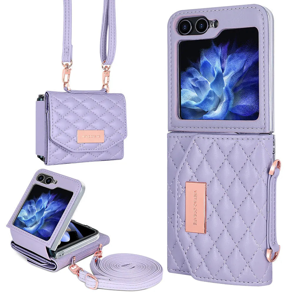 Fashion lanyard phone cover for Samsung Z Flip4 Flip5 Flip6 in purple with crossbody strap and card slot
