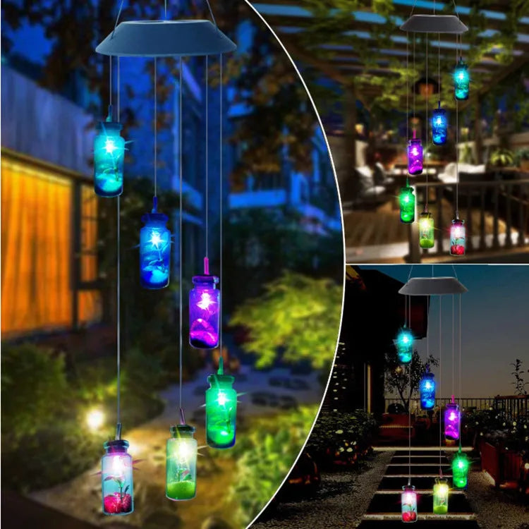 Solar-powered wind chime garden lamp with LED lights and decorative hummingbird design