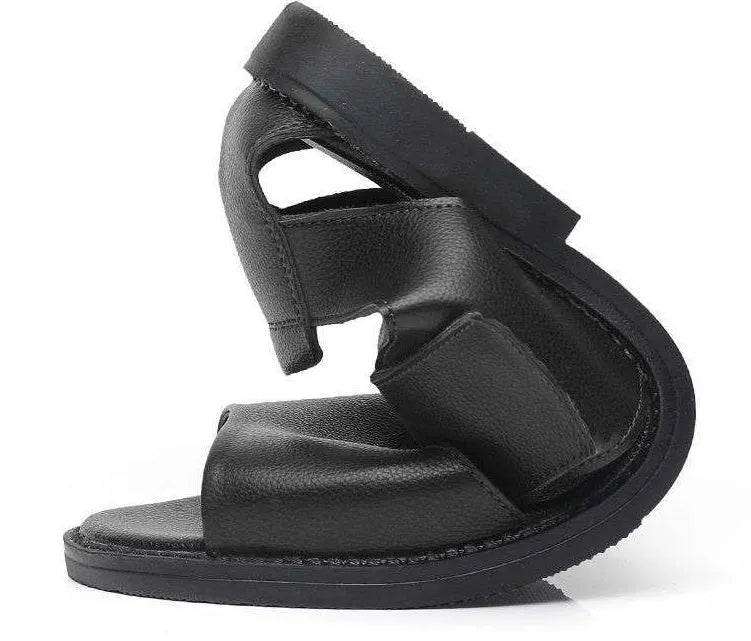 Men's black and brown leather Roman-style casual sandals with an open toe and rubber sole.