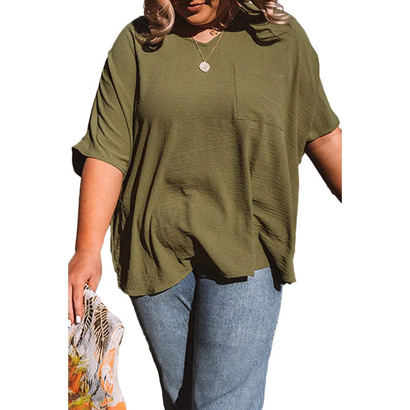 Women's plus size short sleeve T-shirt in pink or green, loose fit, sizes XL-4XL, 50cm length, half sleeves