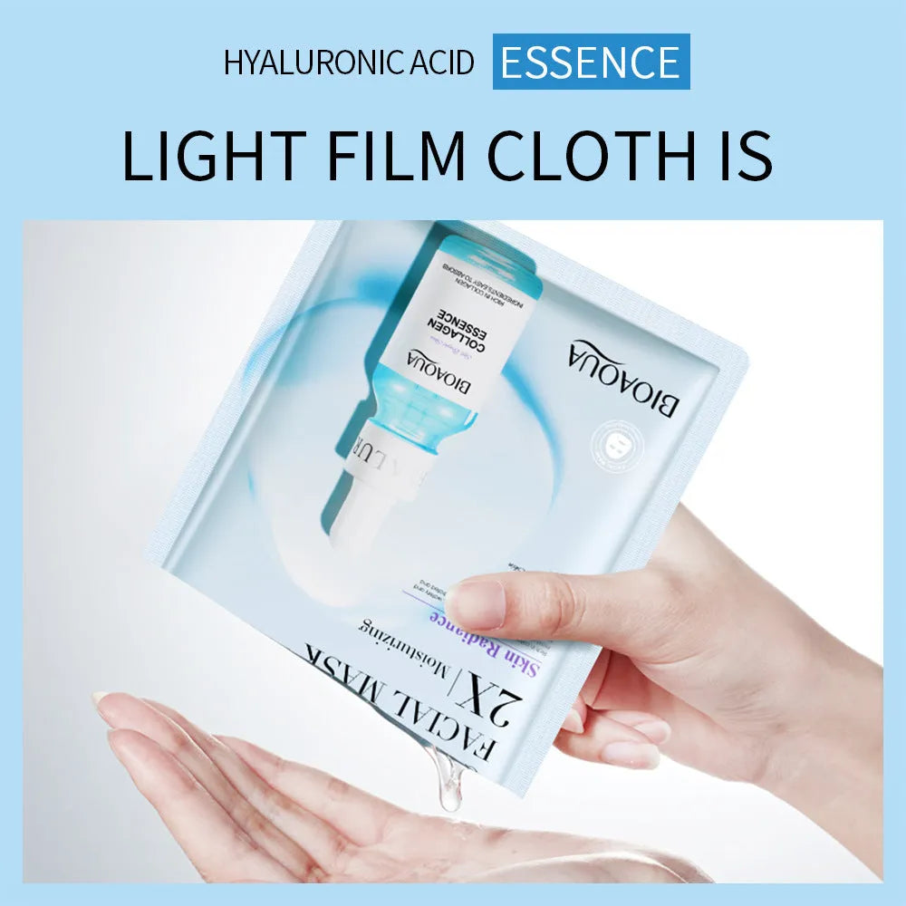 Single-use 30g gel facial sheet mask with hyaluronic acid and collagen.