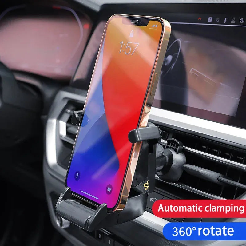 Gold and red car air vent phone holder with racing seat shape and 360-degree rotation