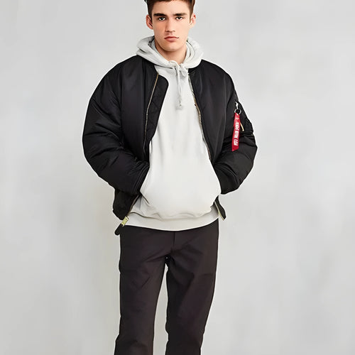 Men's loose fit nylon pilot jacket in army green, shown with cotton padding and double-sided wear-resistant construction.