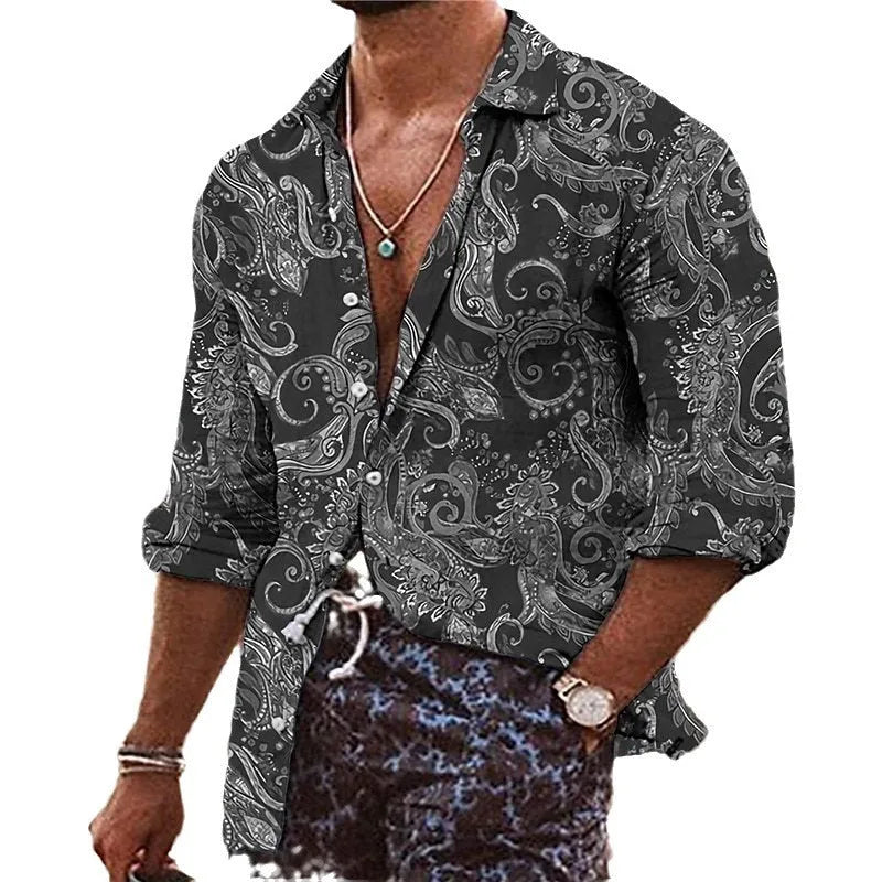 Man wearing a loose fit men's shirt with a detailed 3D floral pattern print on polyester fabric.