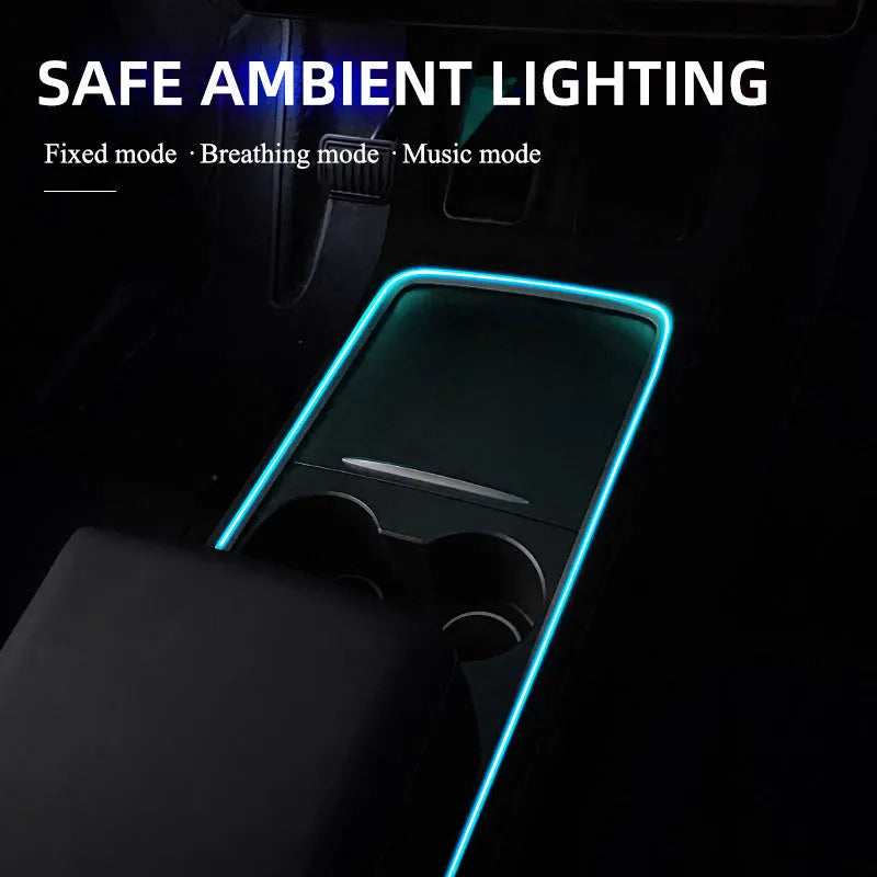 Car interior LED atmosphere lighting strip with colourful colour changing effects installed along dashboard