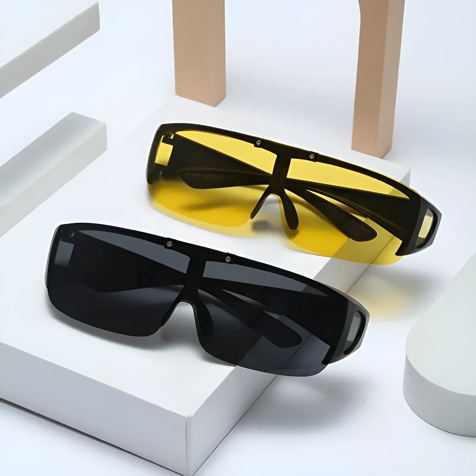 One-piece polarised prescription sunglasses for sports like cycling and climbing, shown in multiple lens colour options.
