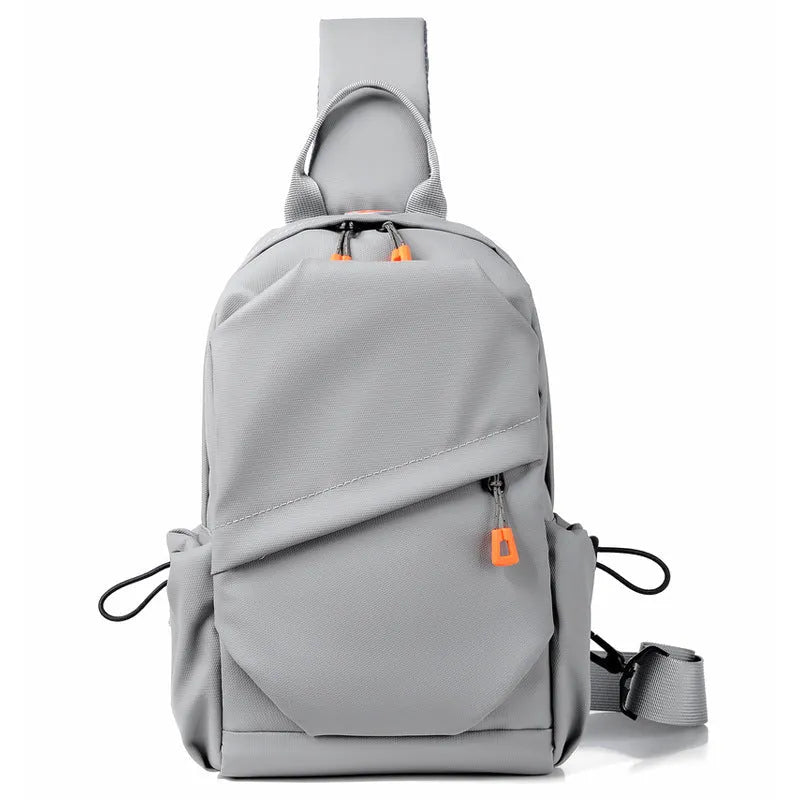 Black and grey mens casual single shoulder crossbody bag made of waterproof polyester.