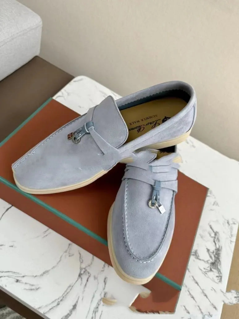 Gommino slip-on loafers with high-top design, round toe with steel head, and sewing line detail on artificial PU upper