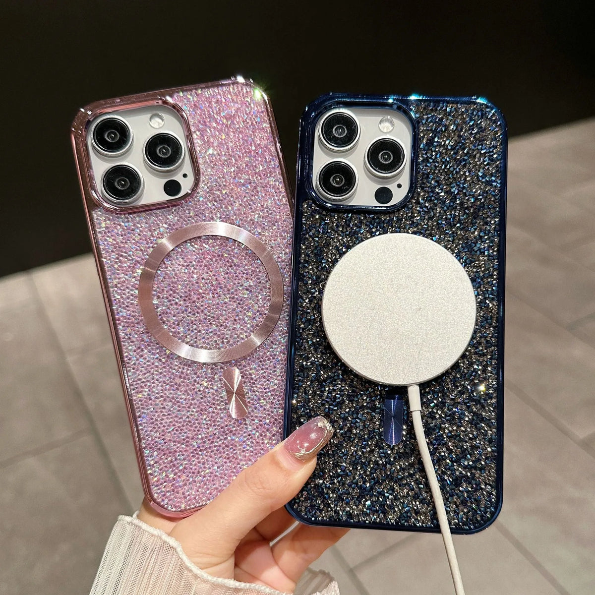 Luxury rhinestone magnetic TPU phone case for Apple iPhone, electroplated finish, pink colour