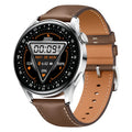 Black leather smart sports watch with 1.32-inch touchscreen displaying health metrics