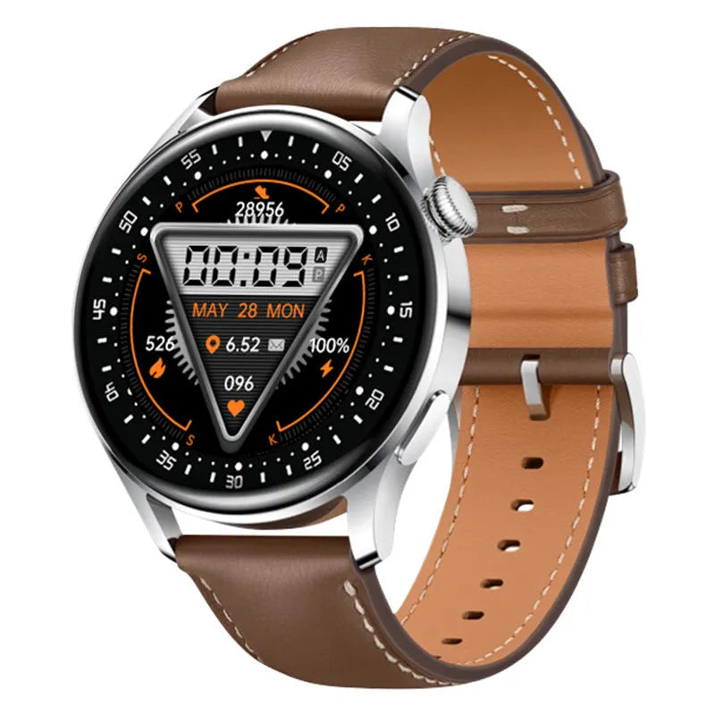 Black leather smart sports watch with 1.32-inch touchscreen displaying health metrics