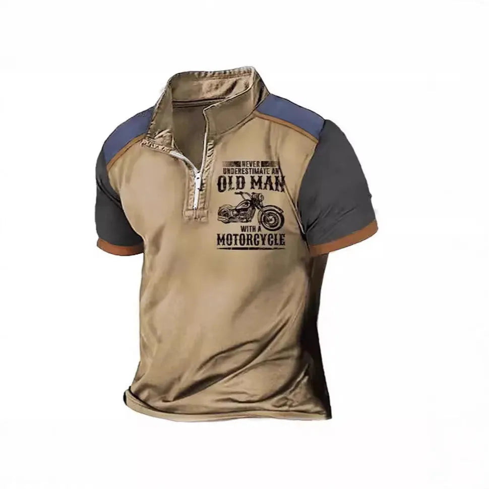 Men's short sleeve polo shirt with printed letter pattern and decorative zippers on the lapel.