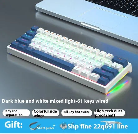 61-key bluish-black and white mechanical keyboard with hot-swap switches on desk