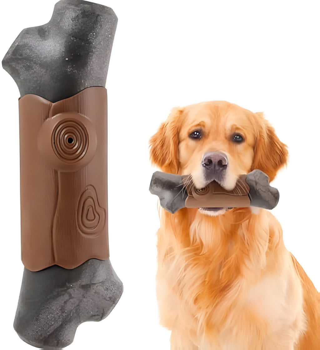 Large brown branch-shaped nylon dog chew toy with bacon flavour for aggressive chewers.