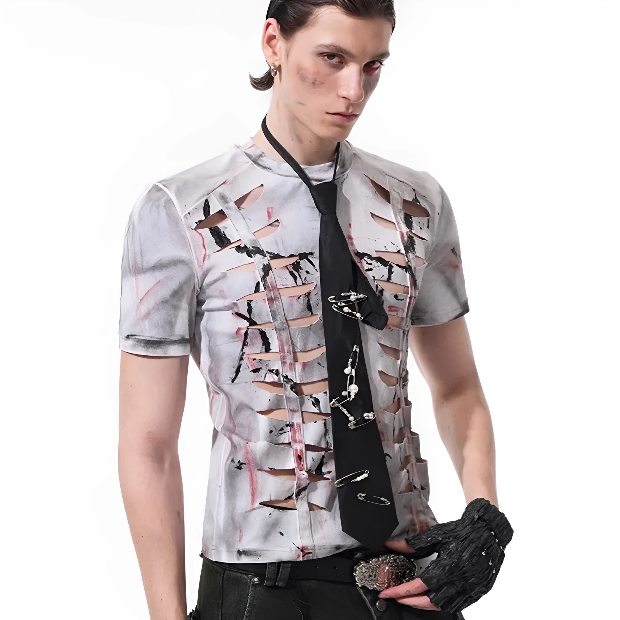 White men's cotton T-shirt with cut hollow-out design and short sleeves showing fitted silhouette