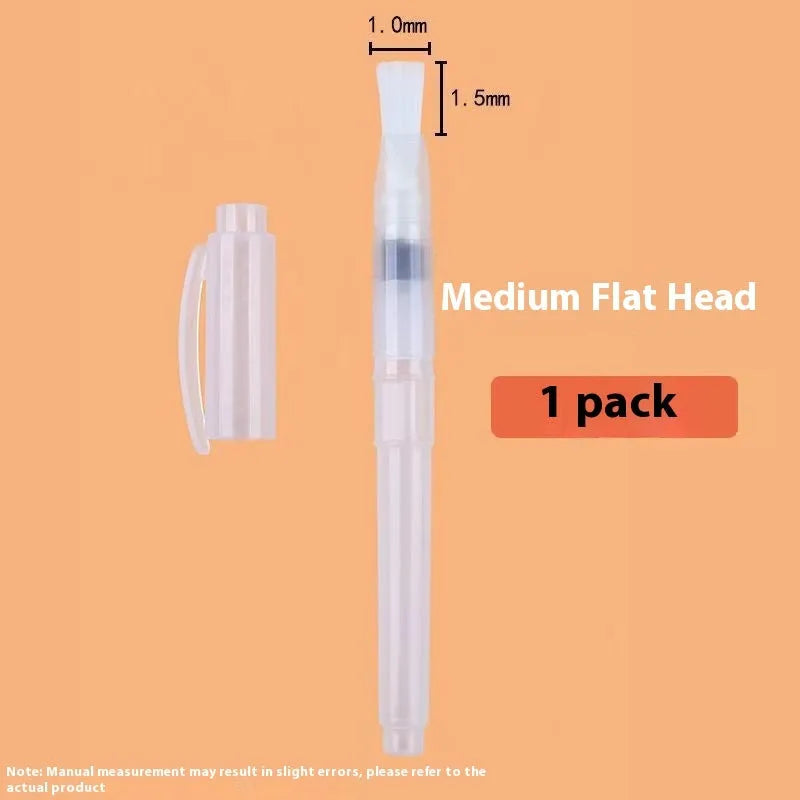 Six-piece watercolor pen set with pointed and flat tips in assorted sizes, plastic body