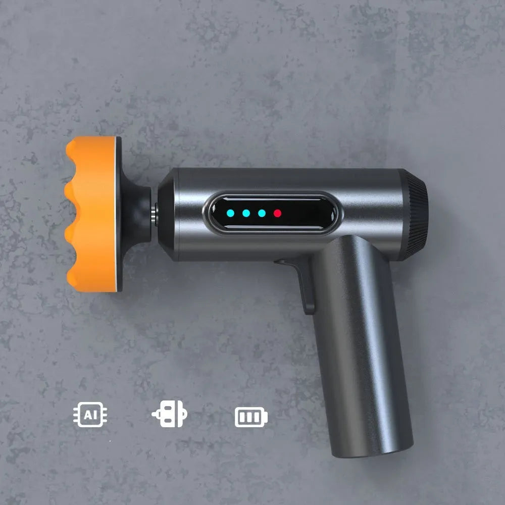 Cordless electric waxing and polishing machine with a white ABS housing and a 7.7cm black polishing disc attached.