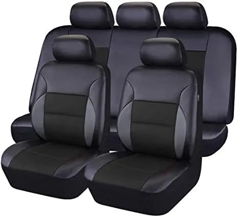 Artificial leather car seat covers in a choice of colours, shown in 2-piece, 4-piece, and 9-piece set configurations.
