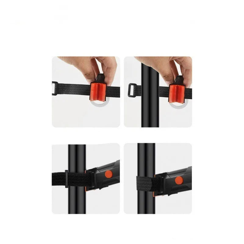 USB rechargeable waterproof bicycle rear light in yellow, red, blue, pink, or white colour options.
