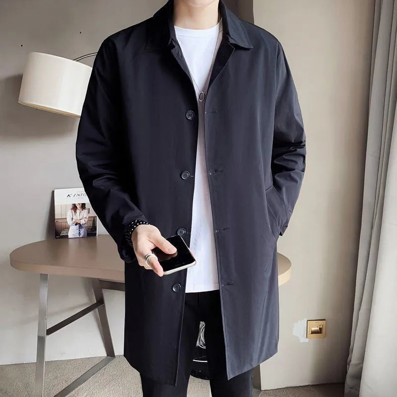 Men's loose fit mid-length trench coat in rabbit fur, shown in khaki colour.