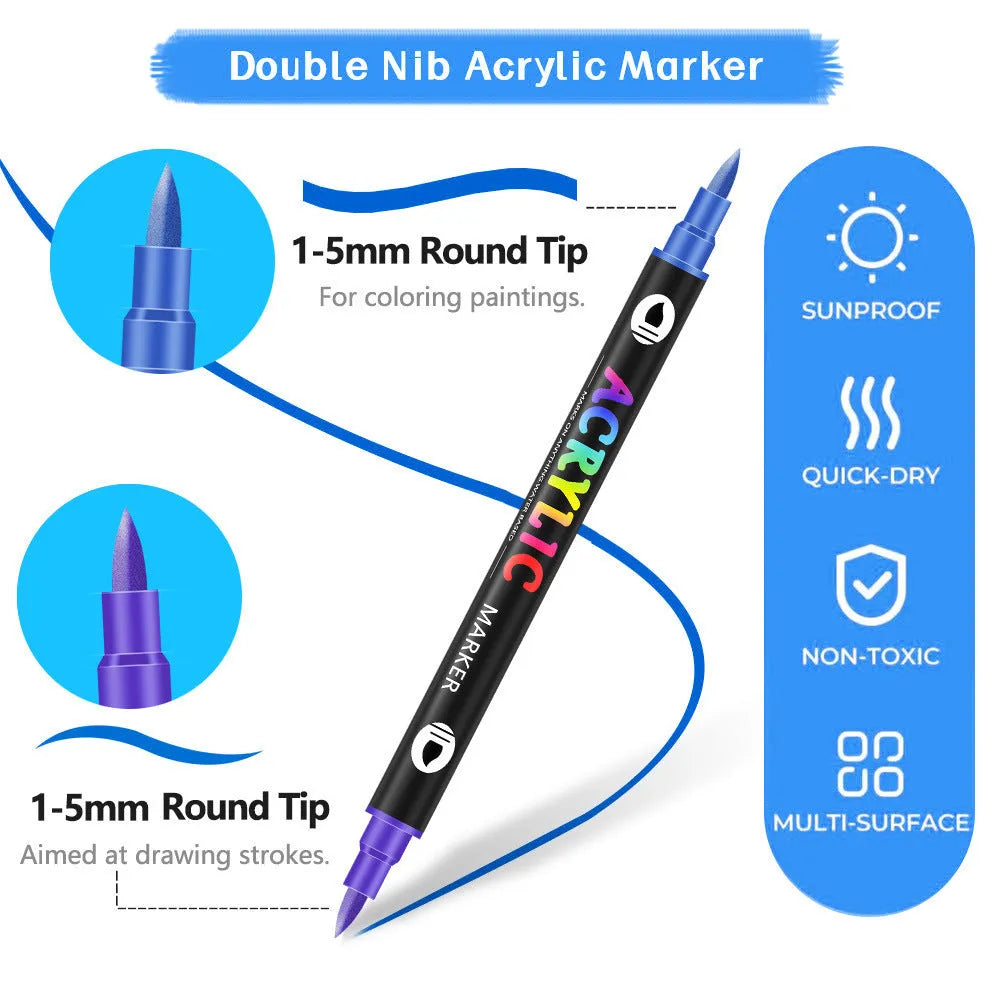 Set of double-headed acrylic marker pens showing fine and broad tips, in assorted opaque colours.