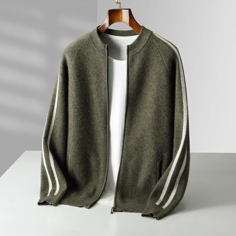 Thickened pure wool half turtleneck cardigan in light gray with button front and long sleeves