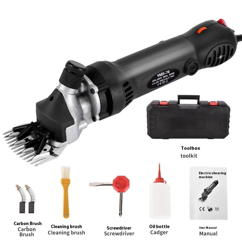 Yellow handled electric wool clipper with blades and maintenance tools in a plastic case