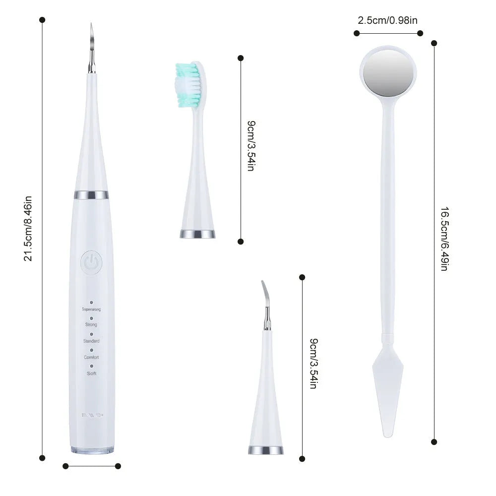 Portable electric toothbrush with white ABS plastic body, USB charging port, and up-and-down brush head on a clean surface